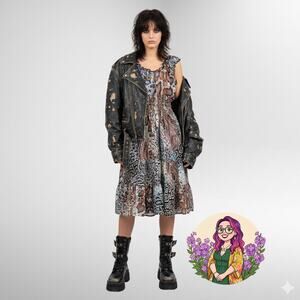 Lapis Animal Print Smocked Dress Multi M Y2K Indie Sleaze Maximalist Midi